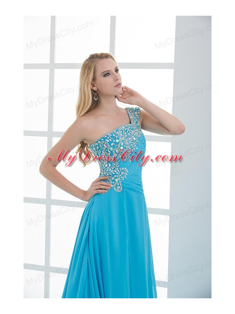 Sky Blue Beading and Ruching Empire One Shoulder Prom Dress with Court Train