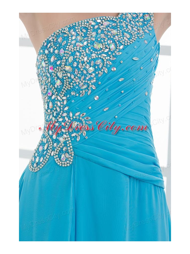 Sky Blue Beading and Ruching Empire One Shoulder Prom Dress with Court Train