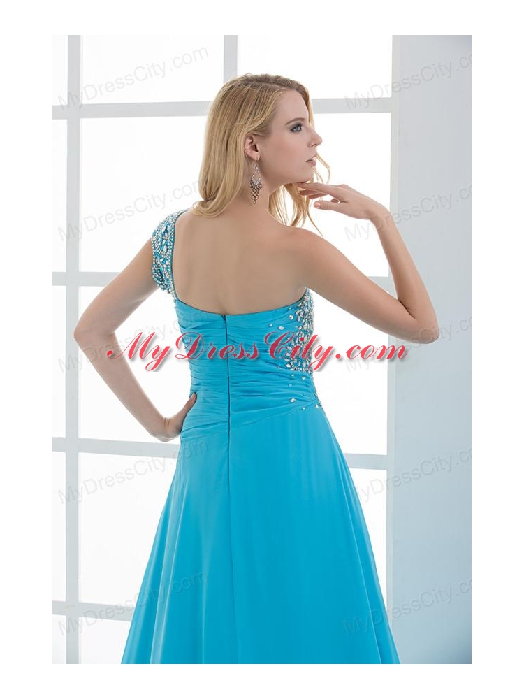 Sky Blue Beading and Ruching Empire One Shoulder Prom Dress with Court Train