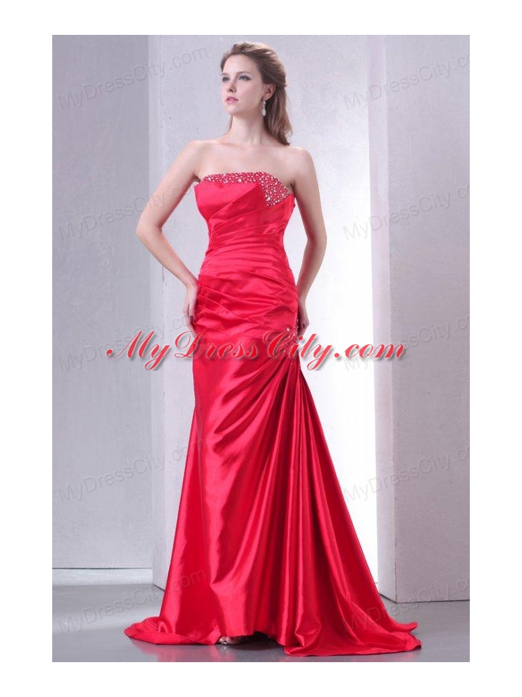 Strapless Coral Red A-line Sweep Train Beaded Decorate Prom Dress