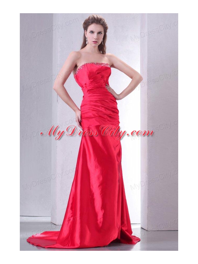 Strapless Coral Red A-line Sweep Train Beaded Decorate Prom Dress