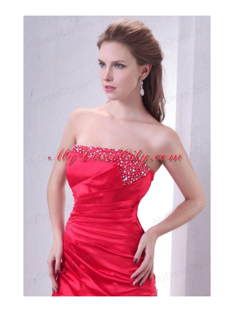 Strapless Coral Red A-line Sweep Train Beaded Decorate Prom Dress