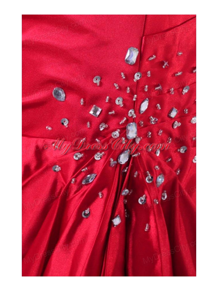 Strapless Coral Red A-line Sweep Train Beaded Decorate Prom Dress