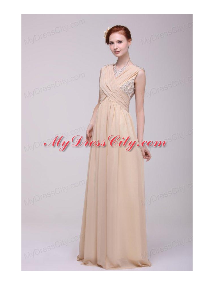 V-neck Empire Chiffon Beaded Decorate Brush Train Prom Dress