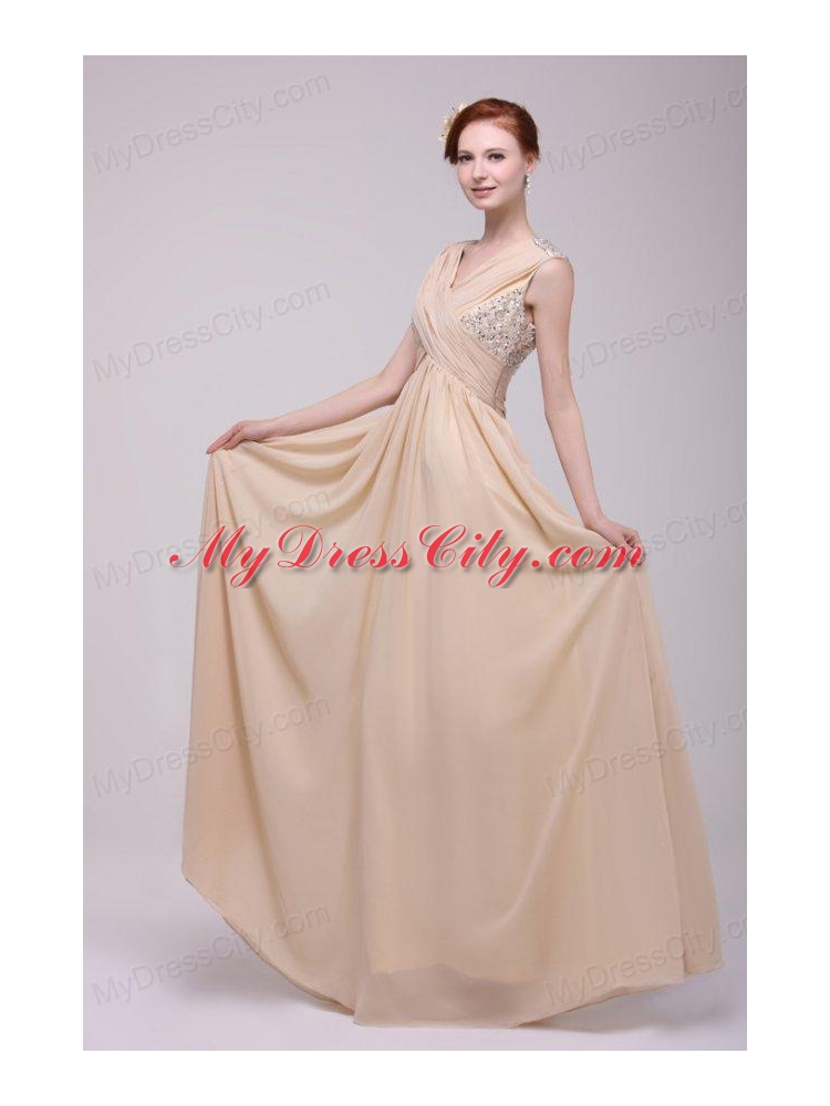 V-neck Empire Chiffon Beaded Decorate Brush Train Prom Dress