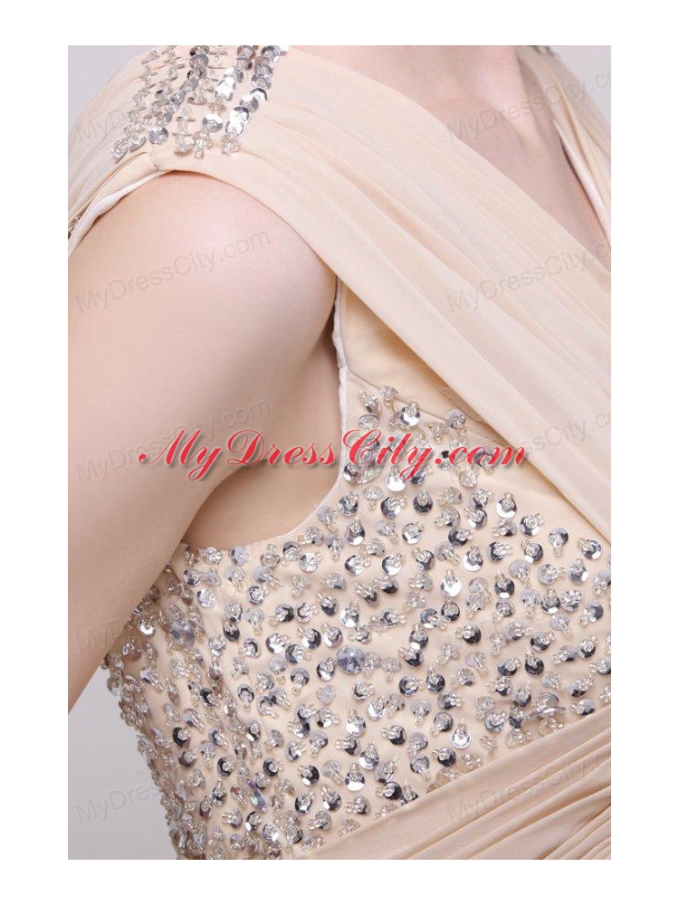 V-neck Empire Chiffon Beaded Decorate Brush Train Prom Dress