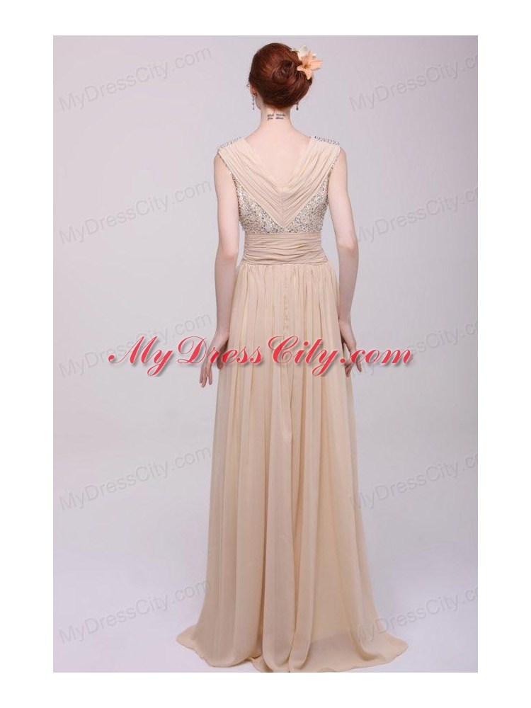 V-neck Empire Chiffon Beaded Decorate Brush Train Prom Dress