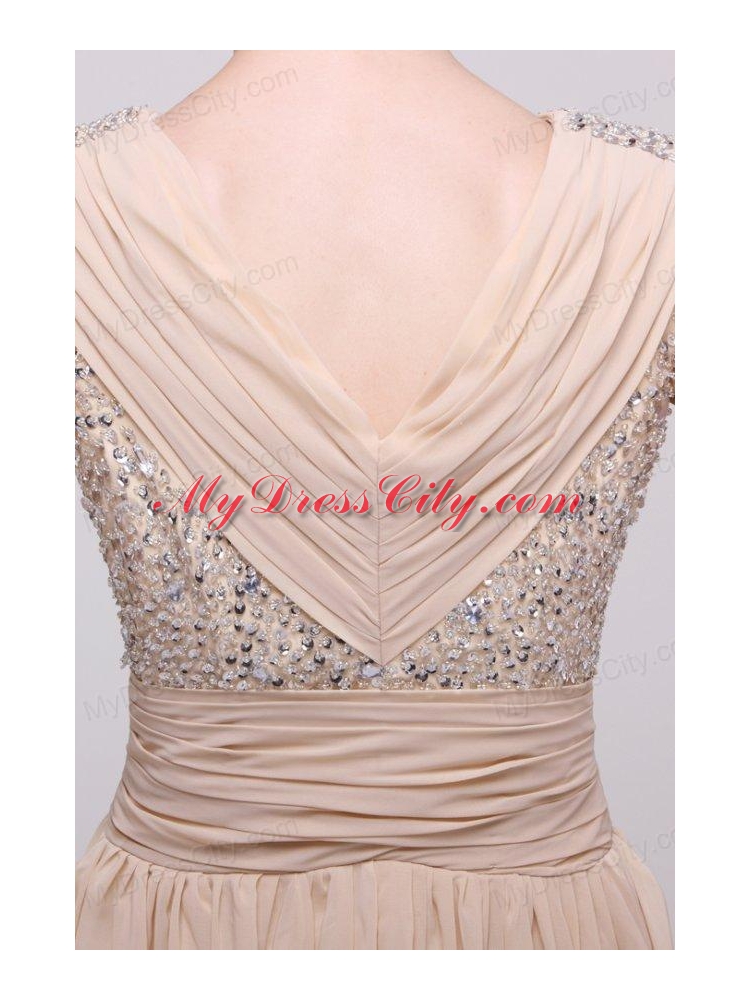 V-neck Empire Chiffon Beaded Decorate Brush Train Prom Dress