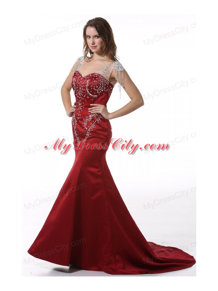 Wine Red Court Train V-neck Mermaid Prom Dress with Beading