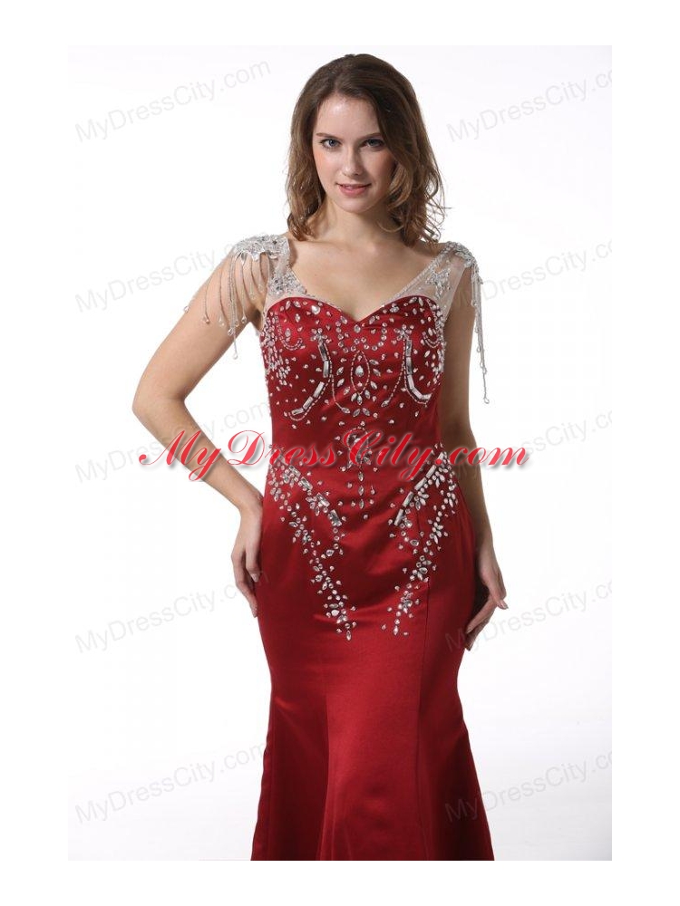 Wine Red Court Train V-neck Mermaid Prom Dress with Beading