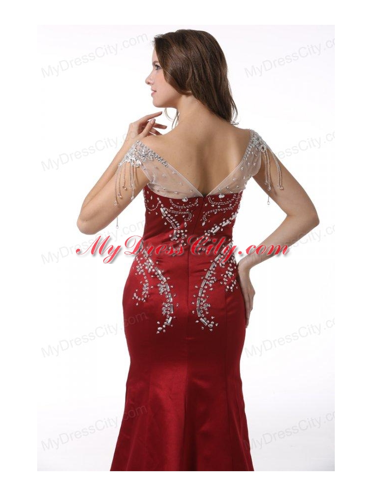 Wine Red Court Train V-neck Mermaid Prom Dress with Beading