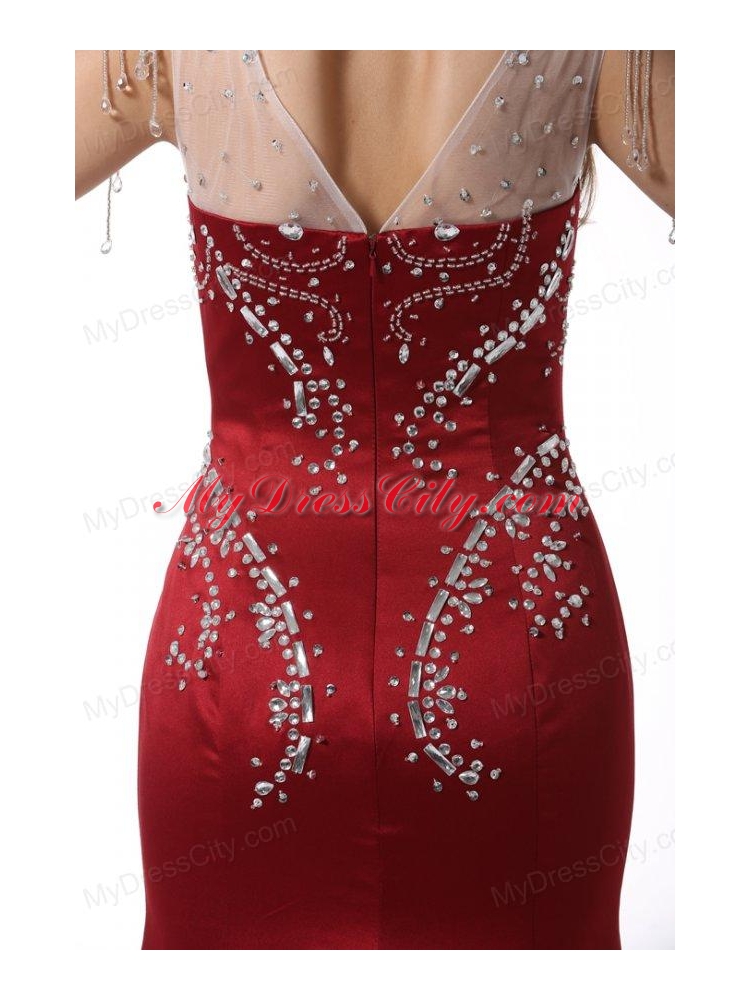 Wine Red Court Train V-neck Mermaid Prom Dress with Beading