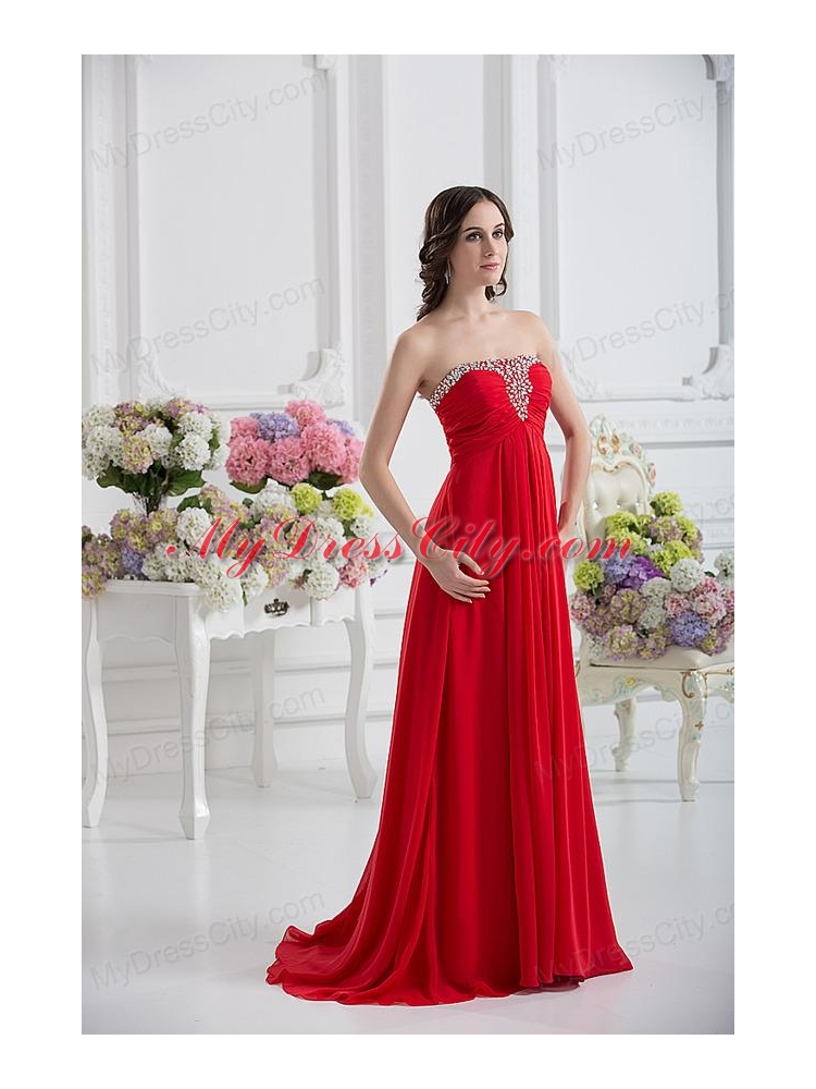 Beautiful Strapless Empire Beading Ruching Prom Dress in Red