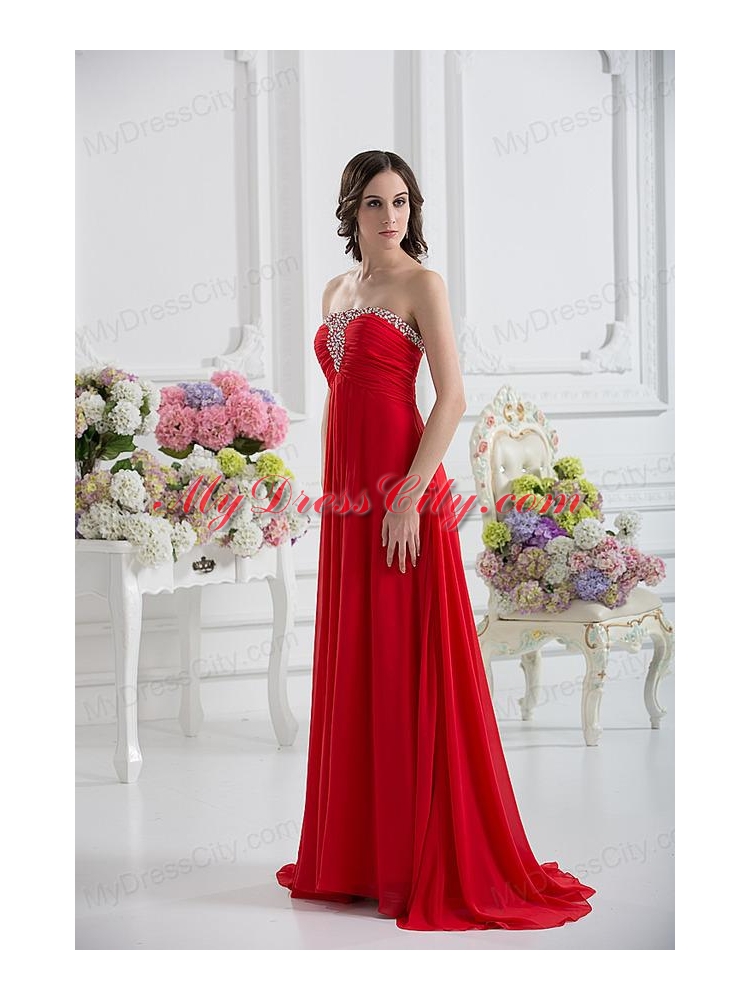 Beautiful Strapless Empire Beading Ruching Prom Dress in Red