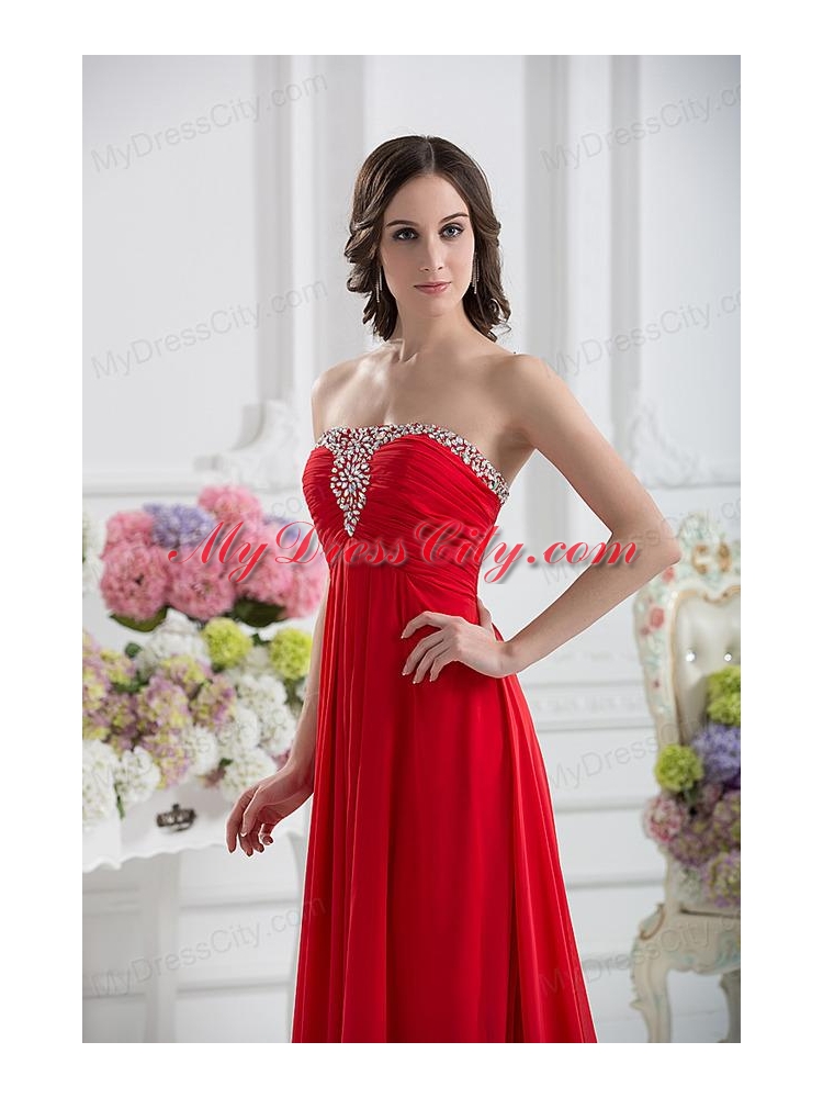 Beautiful Strapless Empire Beading Ruching Prom Dress in Red