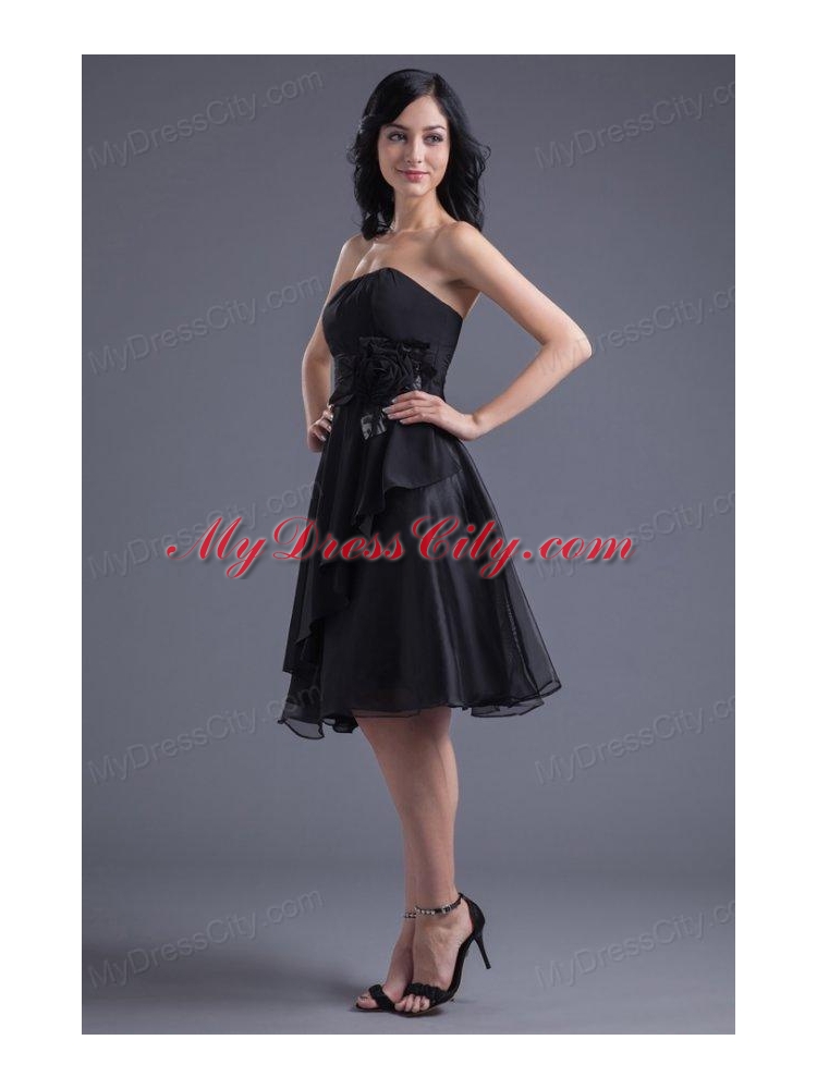 A-line Black Strapless Knee-length Hand Made Flowers Prom Dress