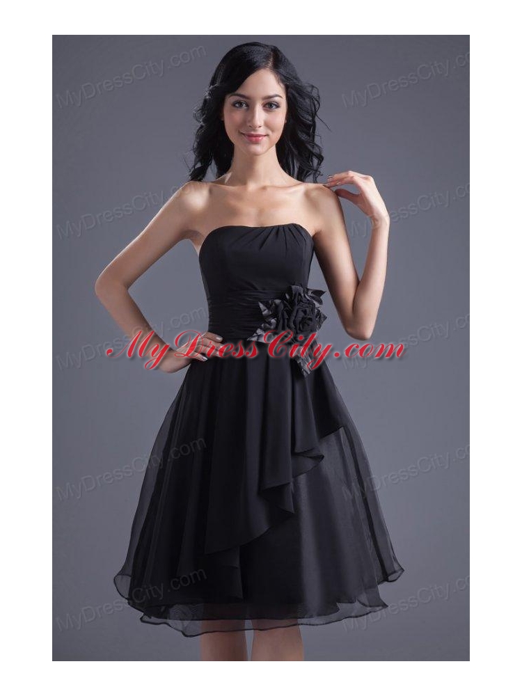 A-line Black Strapless Knee-length Hand Made Flowers Prom Dress