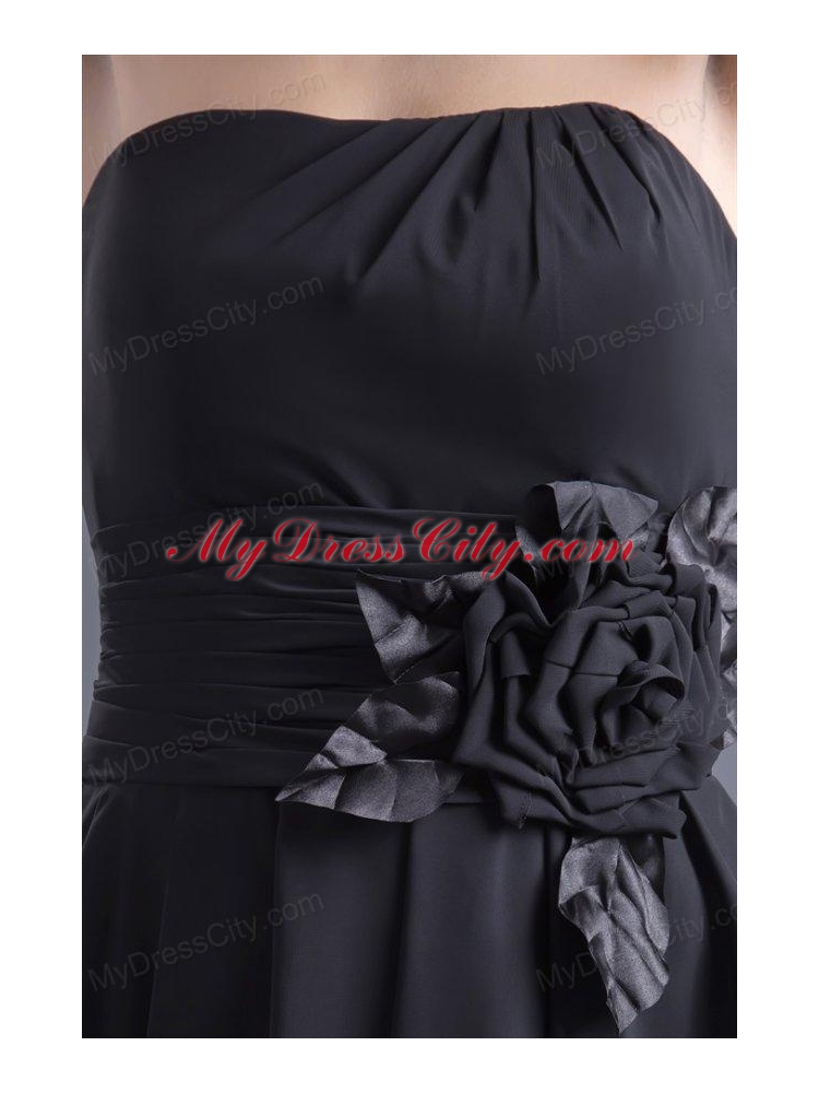 A-line Black Strapless Knee-length Hand Made Flowers Prom Dress