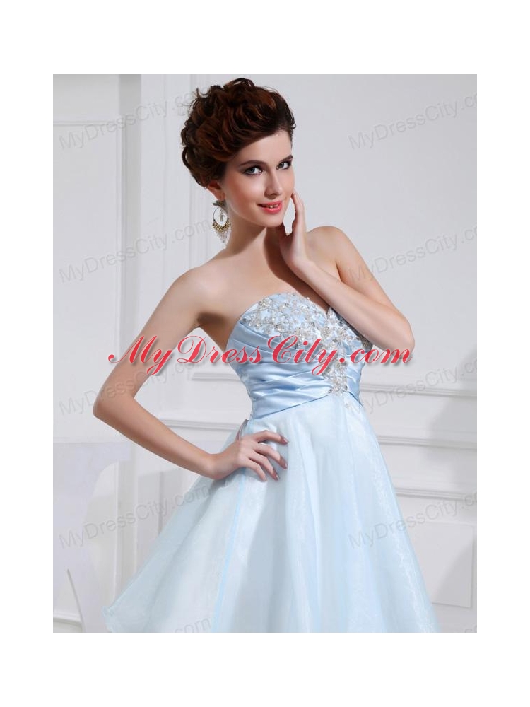 A-line Chiffon Aqqliques Strapless Light Blue Sweatheart Prom Dress