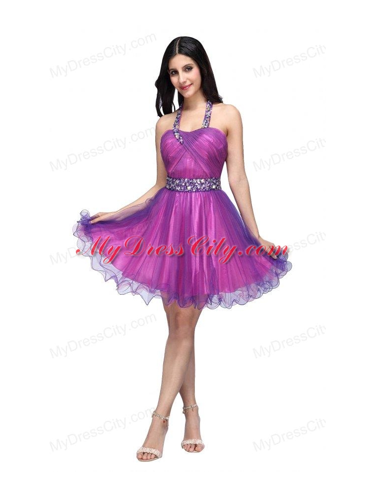 A-line Halter Top Beading and Ruching Knee-length Purple Prom Dress