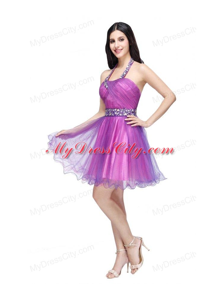 A-line Halter Top Beading and Ruching Knee-length Purple Prom Dress