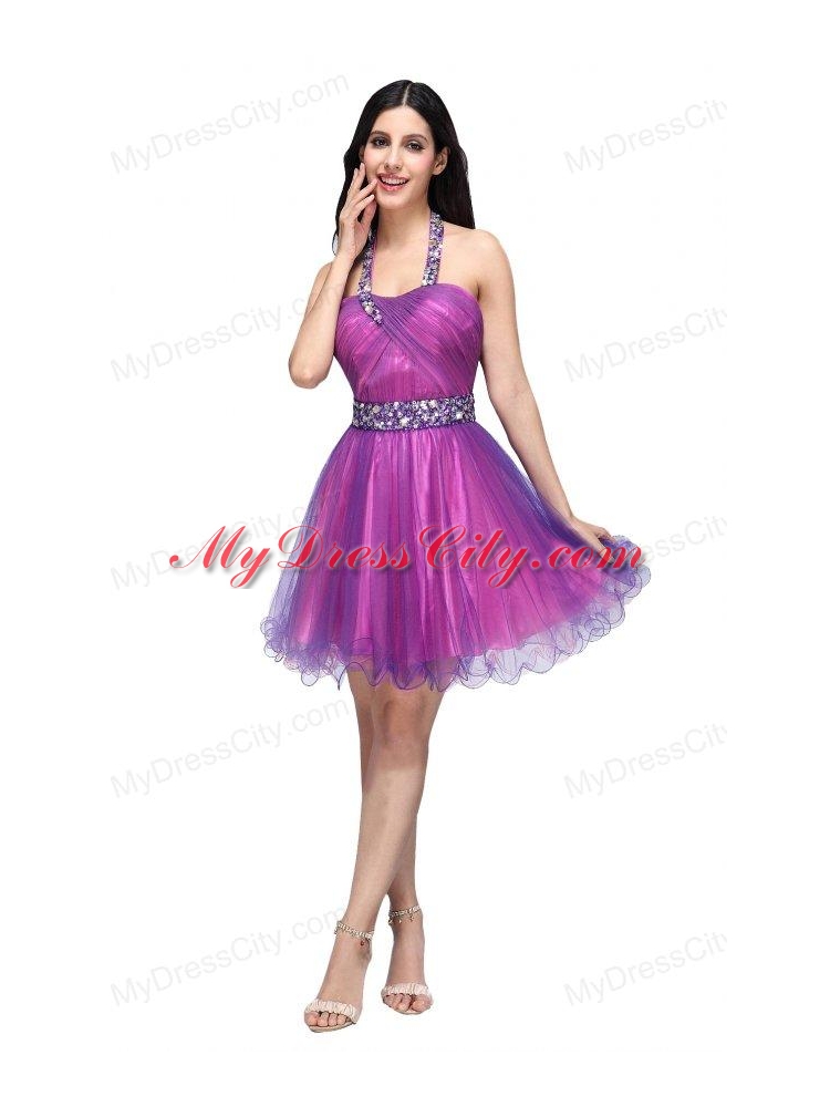 A-line Halter Top Beading and Ruching Knee-length Purple Prom Dress