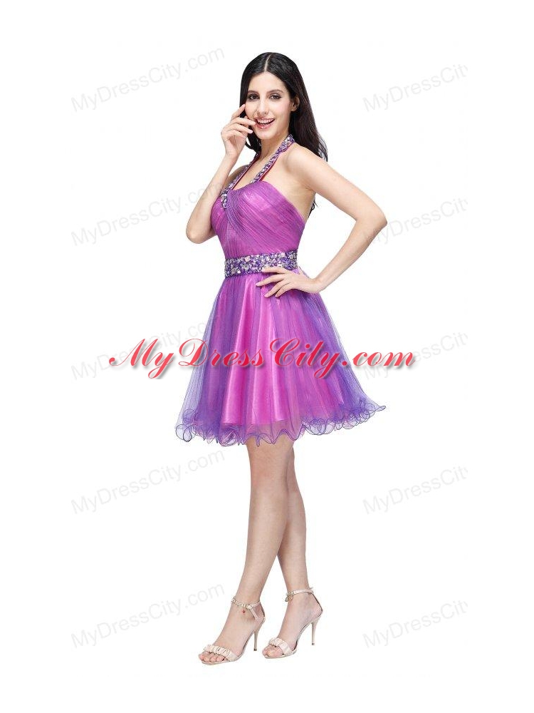 A-line Halter Top Beading and Ruching Knee-length Purple Prom Dress