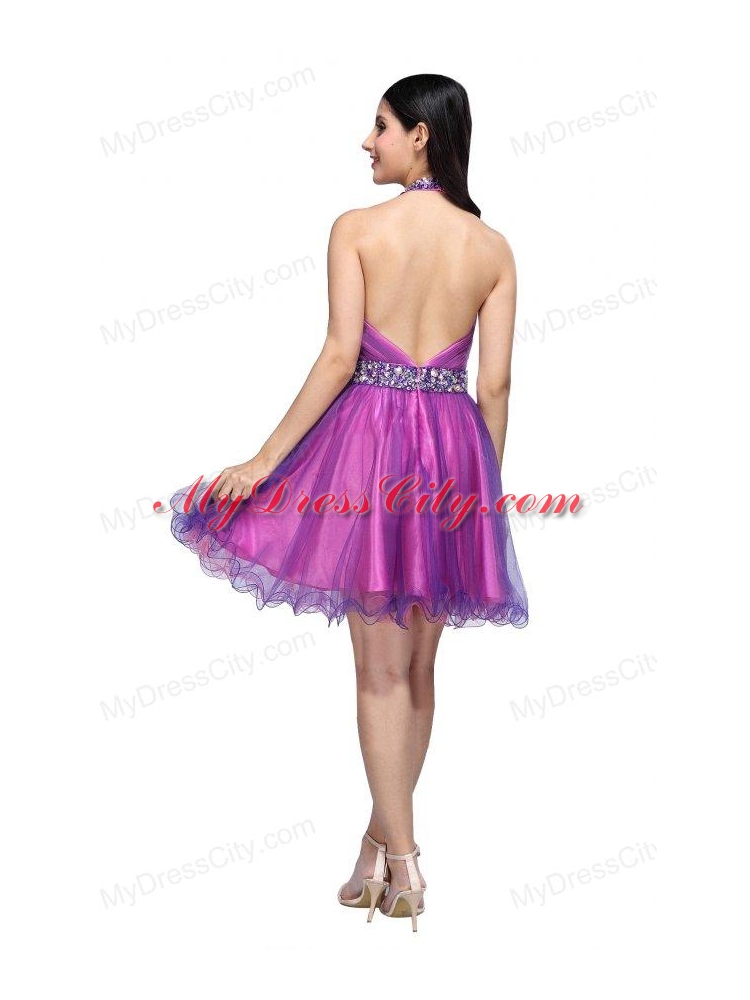 A-line Halter Top Beading and Ruching Knee-length Purple Prom Dress