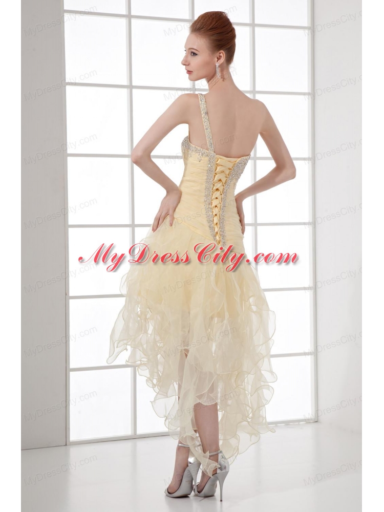 A Line One Shoulder High Low Ruchings Beading Organza Light Yellow Prom Dress 0903