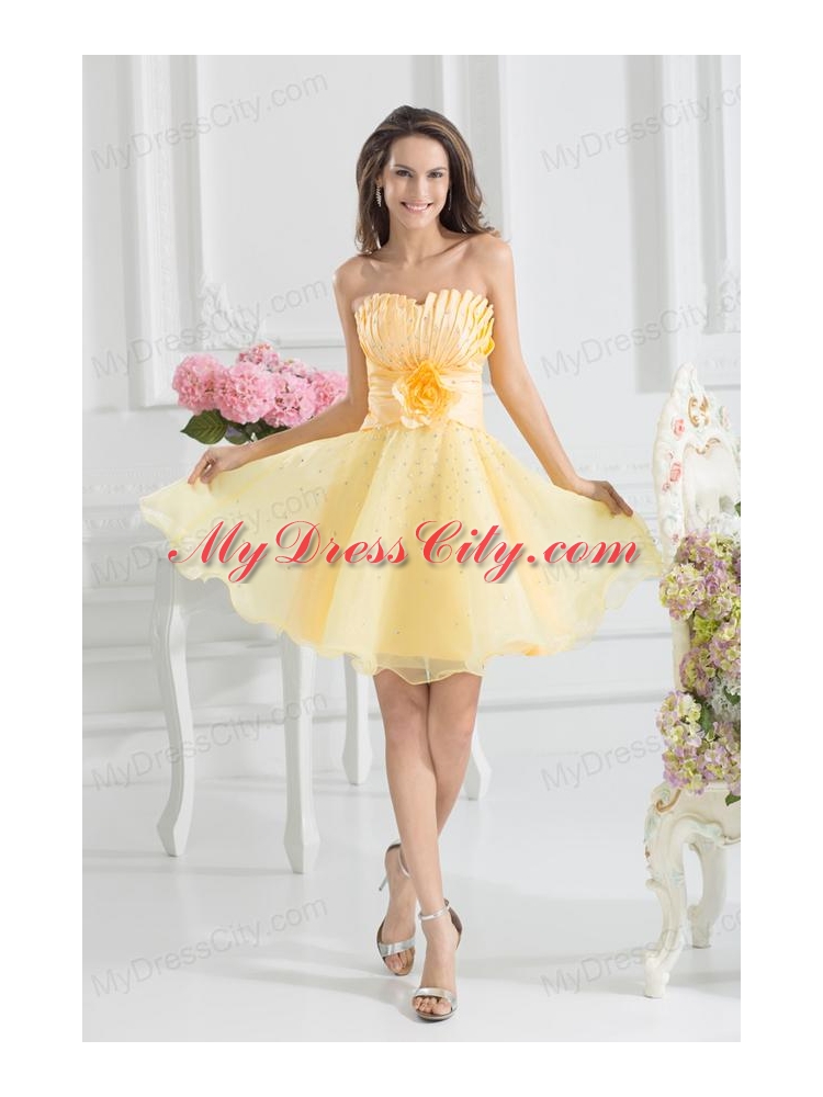 A-line Yellow Strapless Hand Made Flower Organza Prom Dress