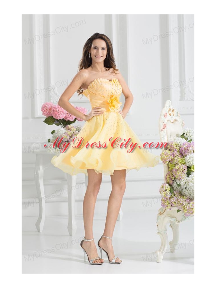 A-line Yellow Strapless Hand Made Flower Organza Prom Dress