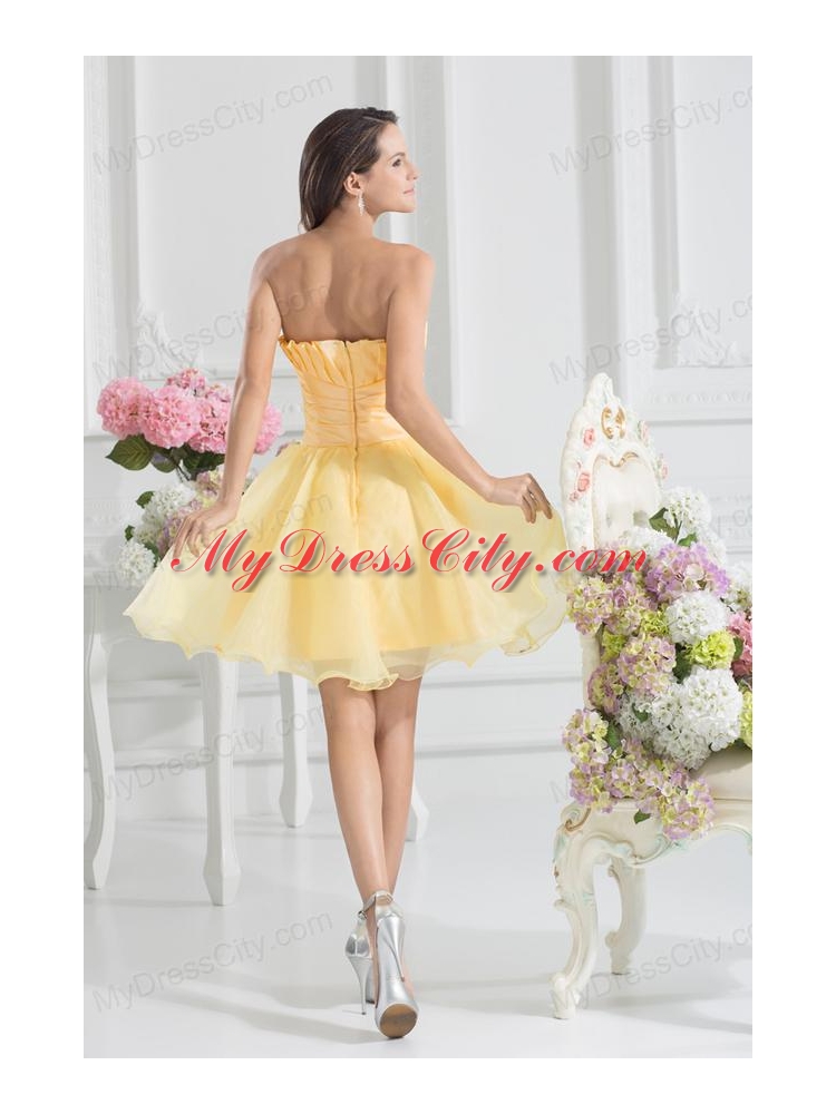 A-line Yellow Strapless Hand Made Flower Organza Prom Dress