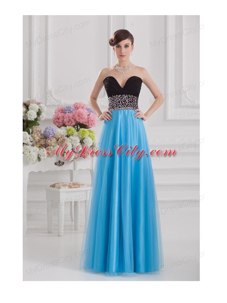 Aqua Blue and Black Empire Sweetheart Tulle Prom Dress with Beading