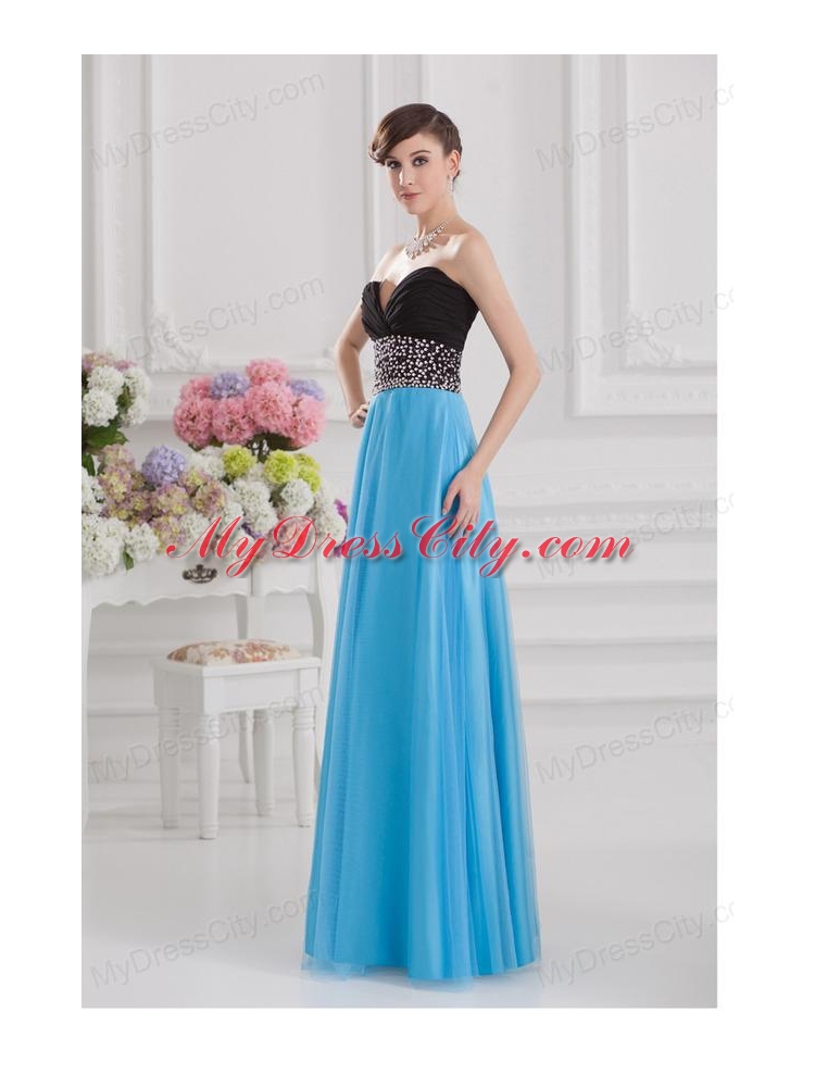 Aqua Blue and Black Empire Sweetheart Tulle Prom Dress with Beading