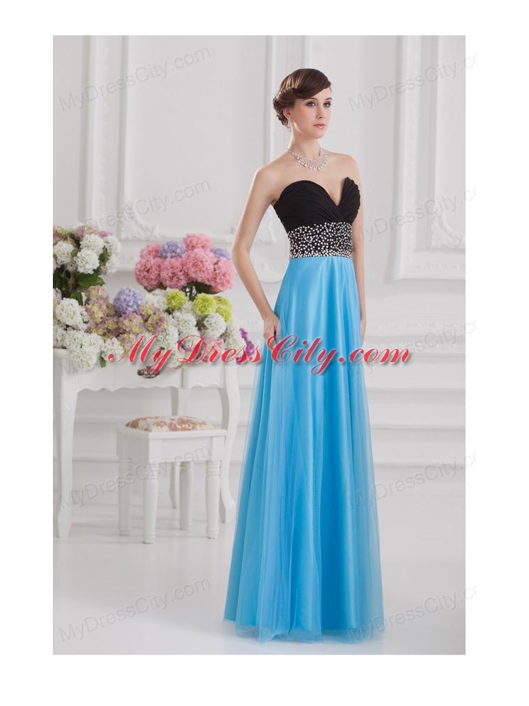 Aqua Blue and Black Empire Sweetheart Tulle Prom Dress with Beading