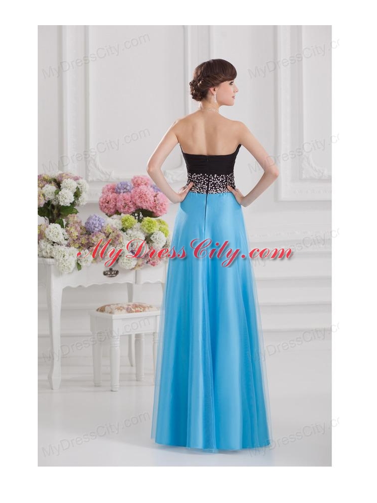 Aqua Blue and Black Empire Sweetheart Tulle Prom Dress with Beading