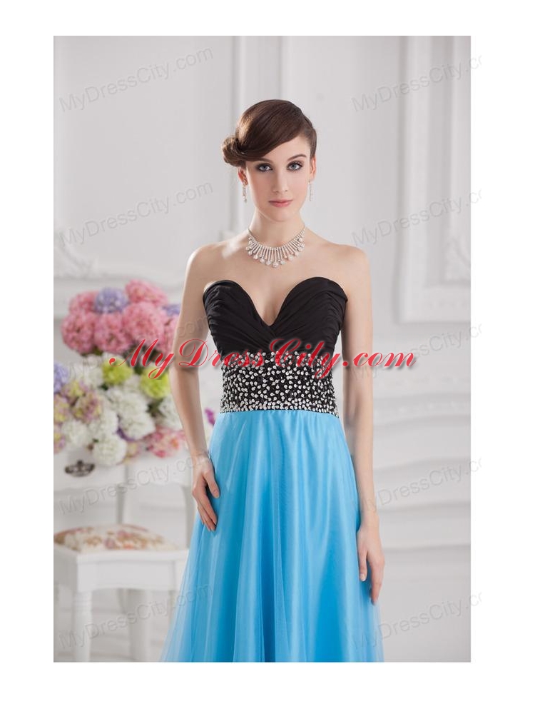 Aqua Blue and Black Empire Sweetheart Tulle Prom Dress with Beading