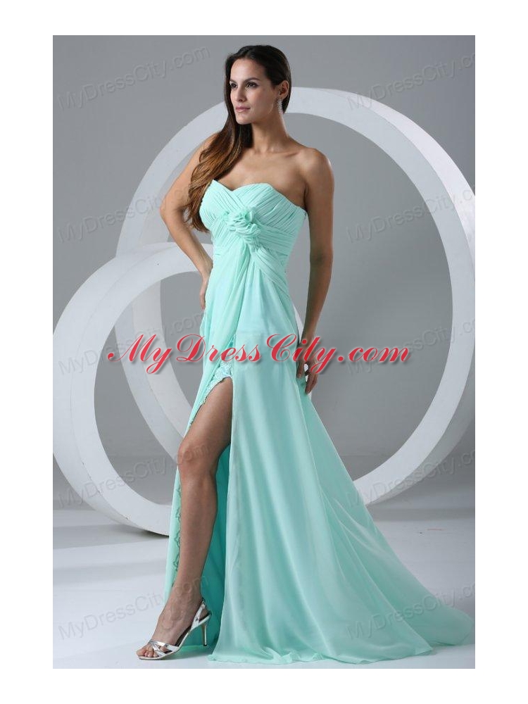 Aqua Blue High Slit Sexy Prom Dress with Flowers and Ruching