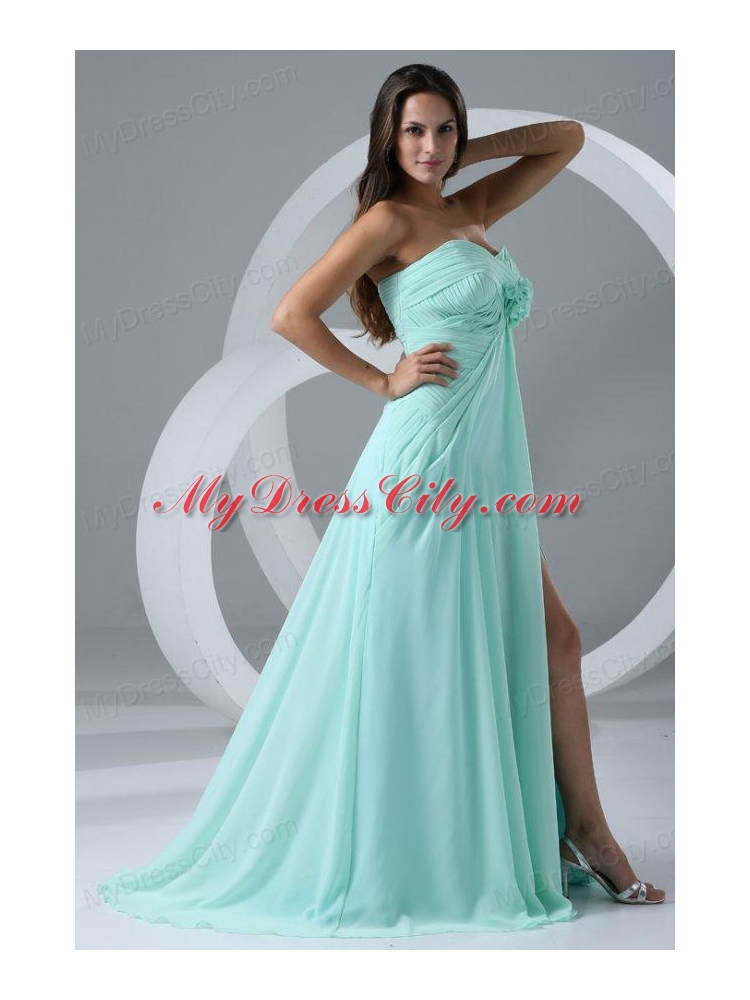 Aqua Blue High Slit Sexy Prom Dress with Flowers and Ruching