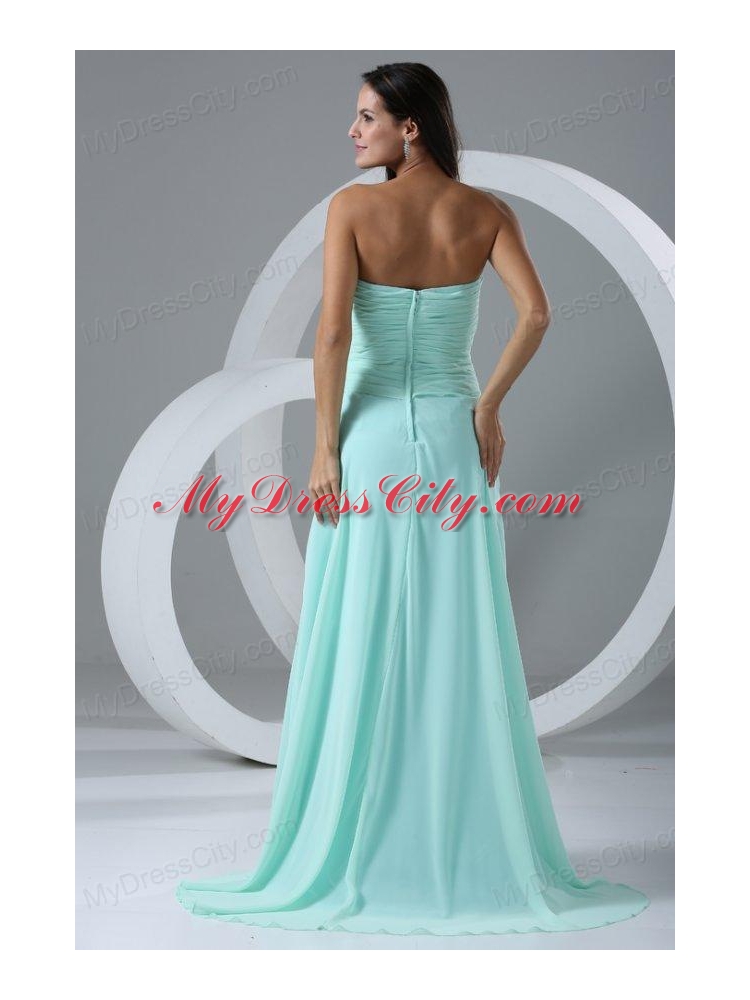 Aqua Blue High Slit Sexy Prom Dress with Flowers and Ruching