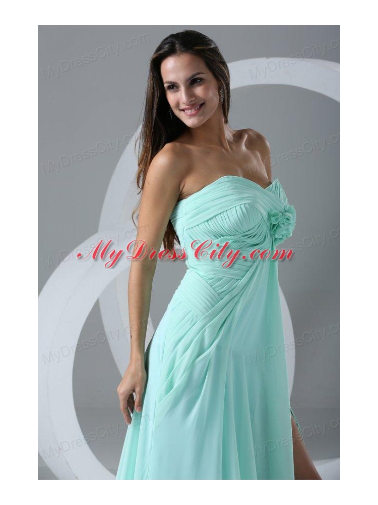 Aqua Blue High Slit Sexy Prom Dress with Flowers and Ruching