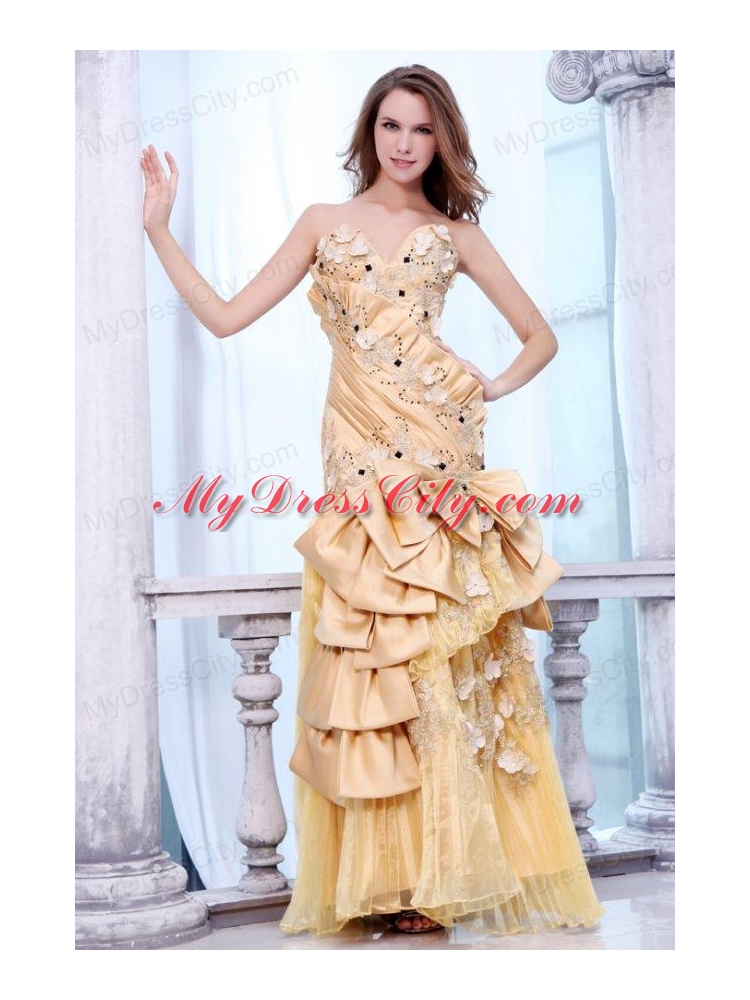 Bowknot Unique Sweetheart Gold Prom Dress with Beading and Flowers