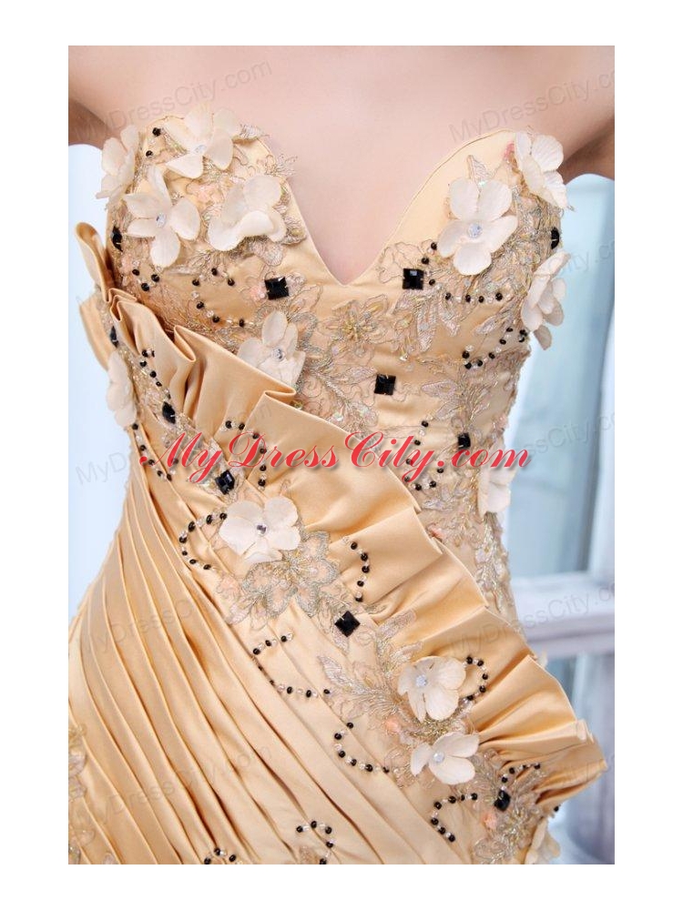 Bowknot Unique Sweetheart Gold Prom Dress with Beading and Flowers