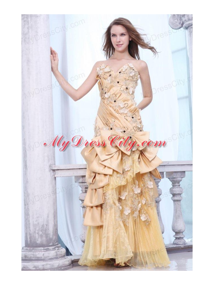 Bowknot Unique Sweetheart Gold Prom Dress with Beading and Flowers