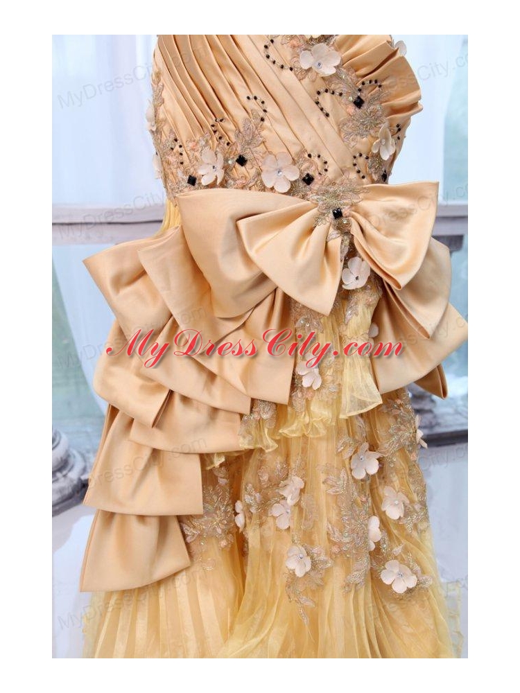 Bowknot Unique Sweetheart Gold Prom Dress with Beading and Flowers