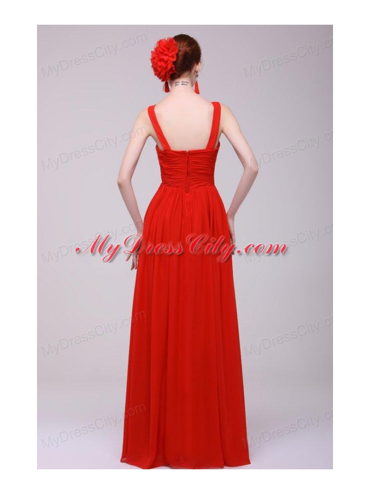 Cheap Straps Red Empire Prom Dress with Chiffon Floor-length