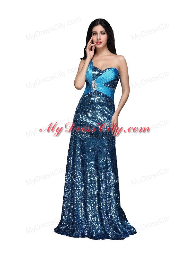 Column Blue One Shoulder Beading Ruching Sequins Floor-length Prom Dress