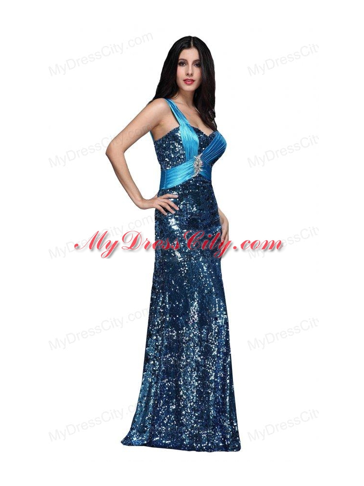 Column Blue One Shoulder Beading Ruching Sequins Floor-length Prom Dress