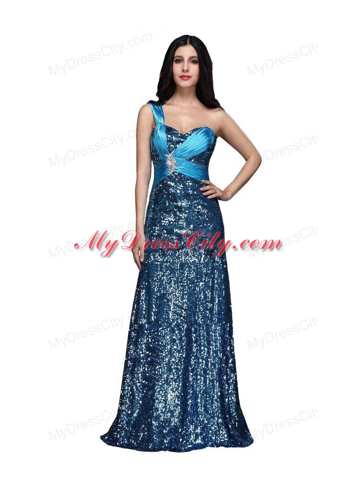 Column Blue One Shoulder Beading Ruching Sequins Floor-length Prom Dress