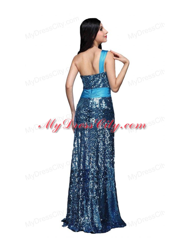 Column Blue One Shoulder Beading Ruching Sequins Floor-length Prom Dress